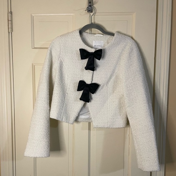 Avec Les Filles Women's Small Cropped Bow Front Lady Jacket Tweed Ivory Wool - Picture 3 of 10